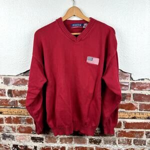 Vintage Focus America Sweater Sz XL Red Cotton V Neck Pullover American Flag USA